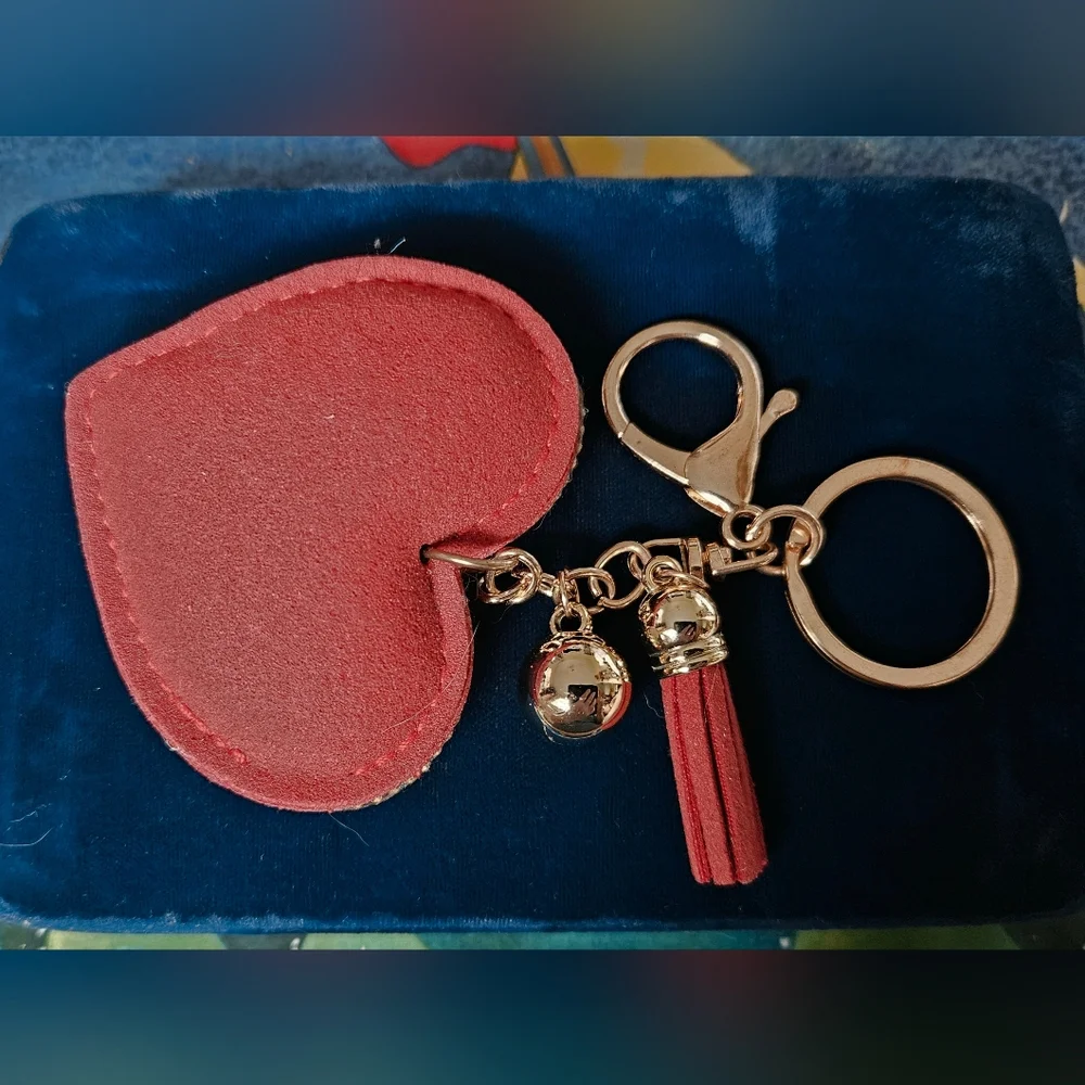 Red Rhinestone Bling Heart Keychain Purse Charm with Tassel & Gold Ball -16